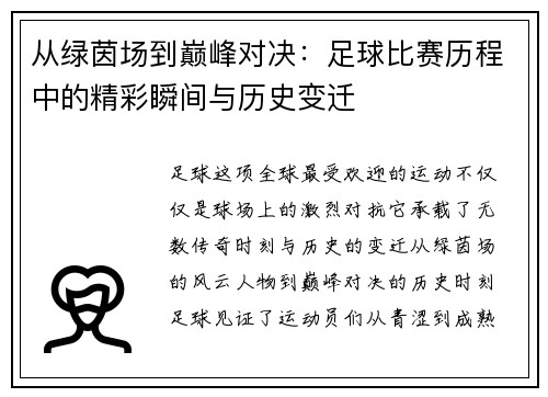 从绿茵场到巅峰对决：足球比赛历程中的精彩瞬间与历史变迁