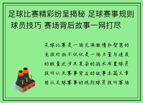 足球比赛精彩纷呈揭秘 足球赛事规则 球员技巧 赛场背后故事一网打尽