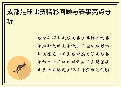 成都足球比赛精彩回顾与赛事亮点分析