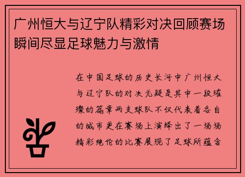 广州恒大与辽宁队精彩对决回顾赛场瞬间尽显足球魅力与激情