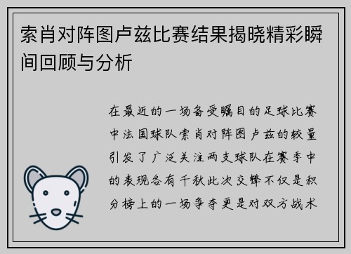 索肖对阵图卢兹比赛结果揭晓精彩瞬间回顾与分析