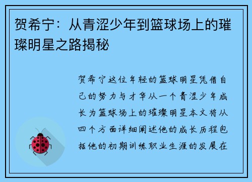 贺希宁：从青涩少年到篮球场上的璀璨明星之路揭秘