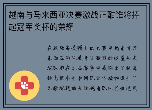 越南与马来西亚决赛激战正酣谁将捧起冠军奖杯的荣耀