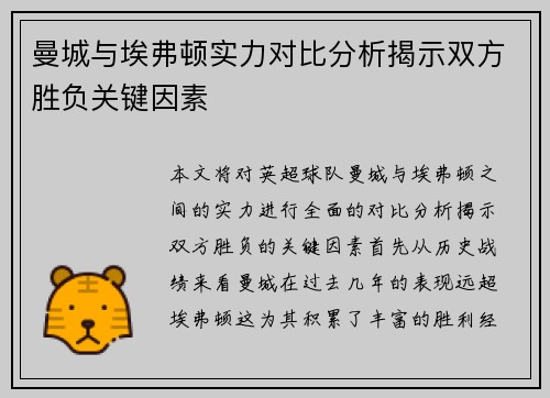 曼城与埃弗顿实力对比分析揭示双方胜负关键因素