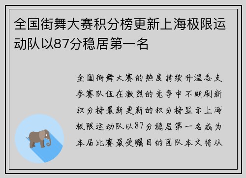 全国街舞大赛积分榜更新上海极限运动队以87分稳居第一名