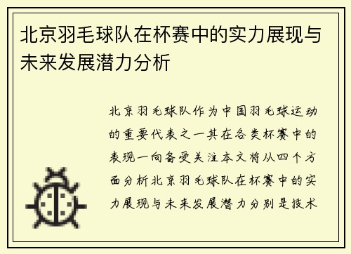 北京羽毛球队在杯赛中的实力展现与未来发展潜力分析